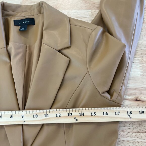Halogen Faux Leather Blazer Size Small One Button Jacket Tan Brown Officecore - Picture 8 of 9